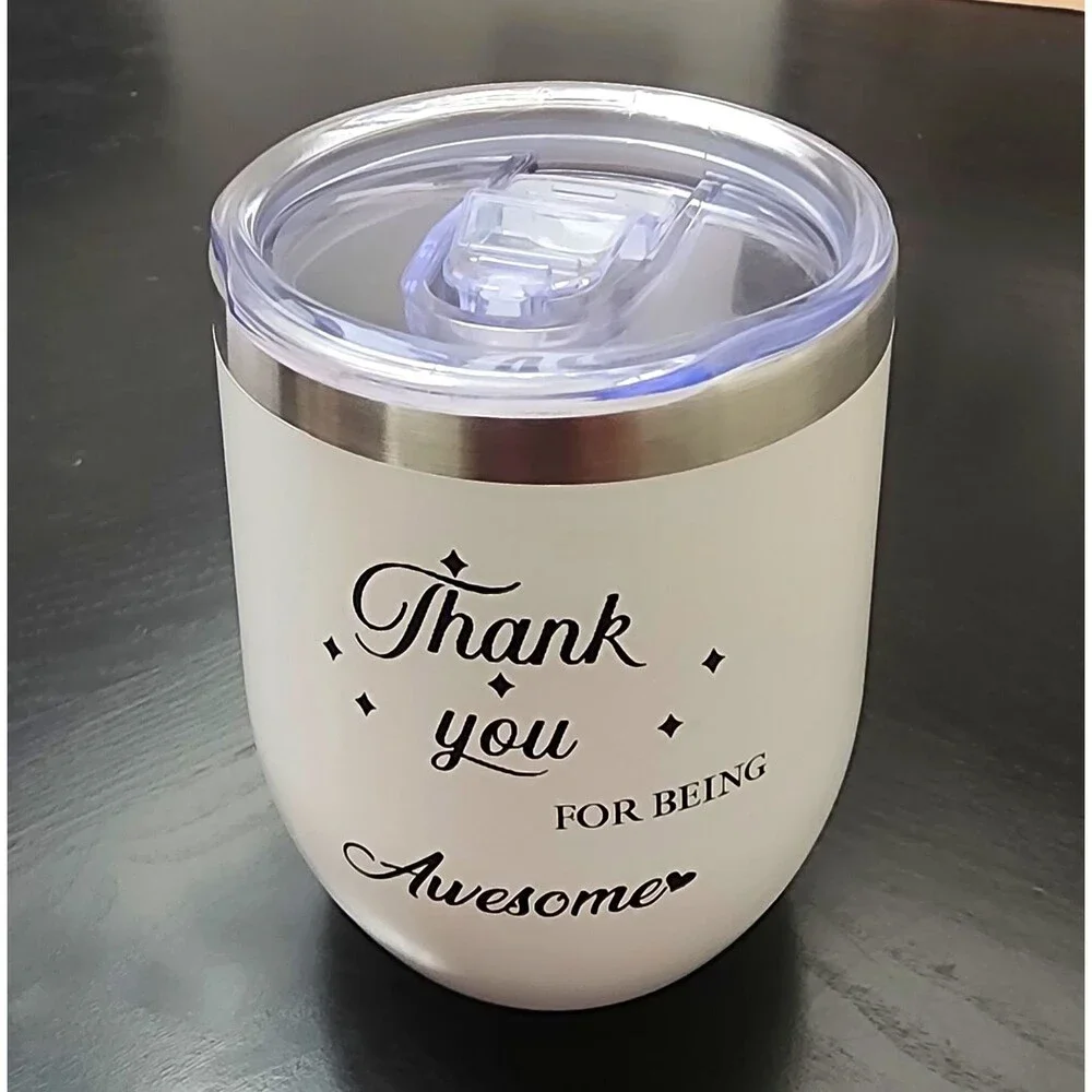 12 oz Insulated Stainless Steel Tumbler w/ Slide Lock Lid White Thank You